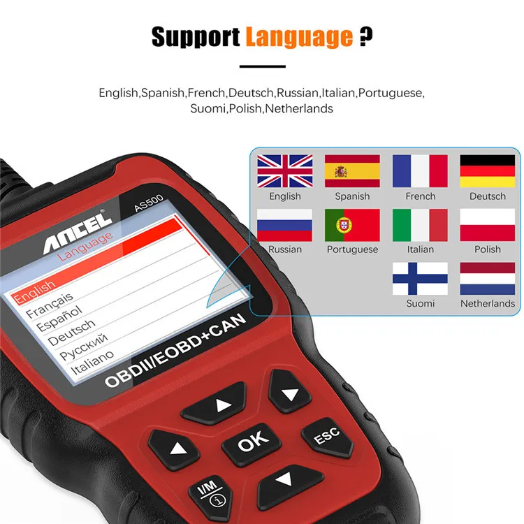 Ancel As500 OBD2 OBD 2 Scanner Engine Code Reader OBD Car Diagnostics Tool Multilingual Free Update Odb2 Automotive Scanner