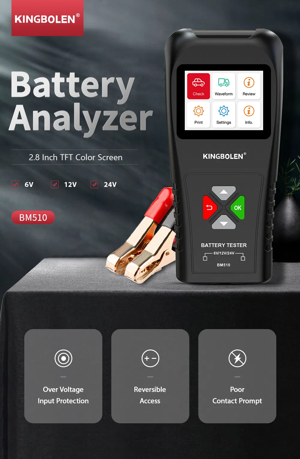 Bm510 6V 12V 24V Battery Analyzer Charging Cranking Load Ripple Test Reverse Protection Car Truck Motor Tools Pk Foxwell Bt705