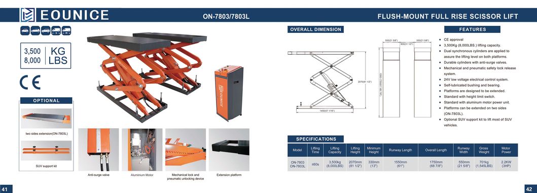 on-7803 3500kg Full Rise Scissor Lift Hoist in Ground Mounted for Automobile Garage Repair