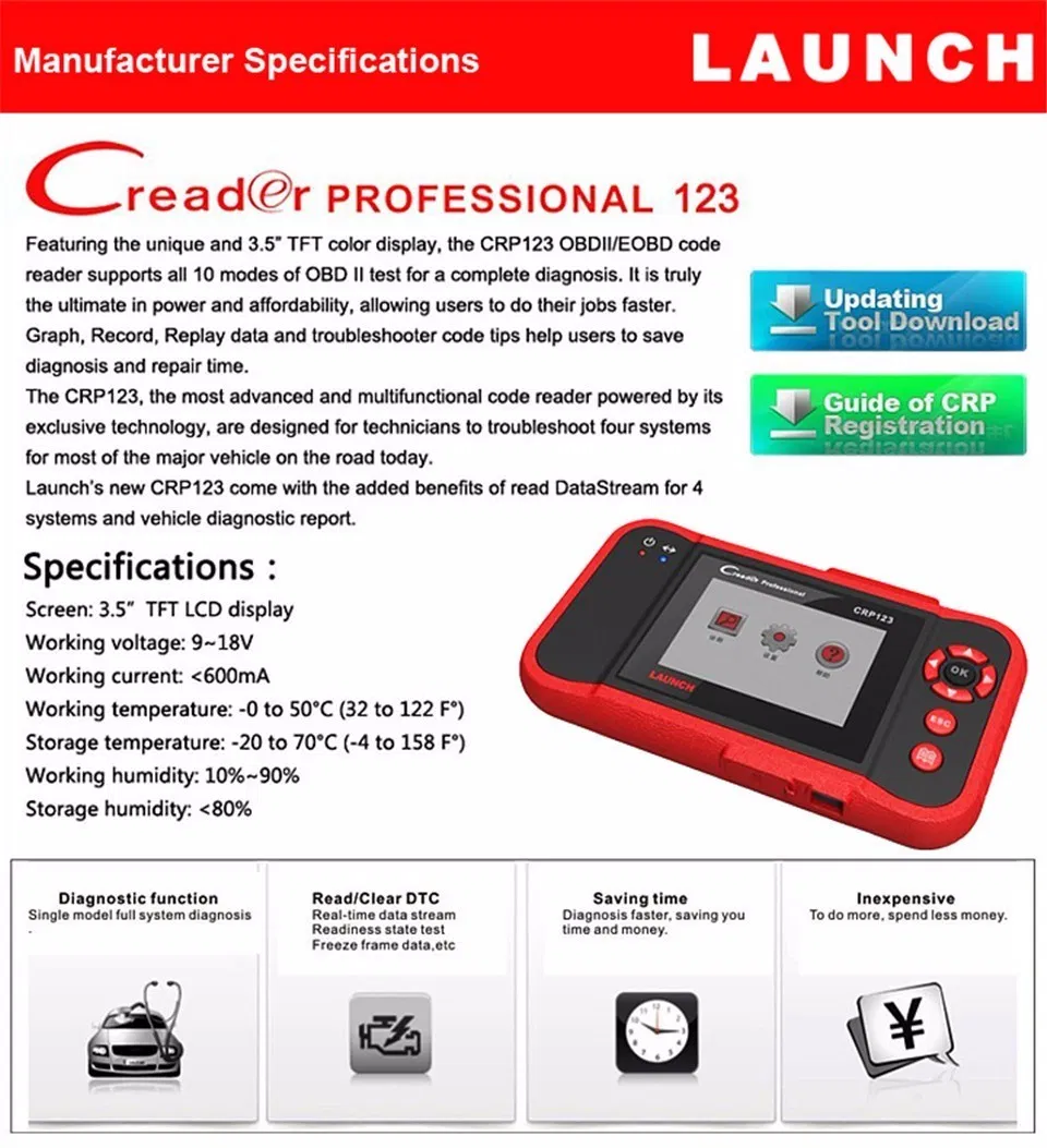 TFT Color Display, Higher Resolution, Sharper Colors Launch Tech Crp123 Car Diagnostic Machine